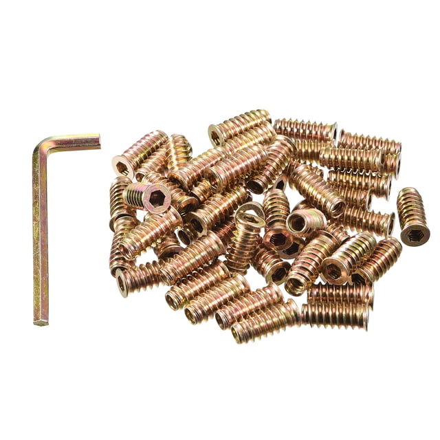 Unique Bargains 1/4-20 x 25mm Threaded Inserts Nuts, 100 Pack Wood Insert Nuts with Hex Wrench. The image displays zinc-plated carbon steel threaded inserts with hex socket heads and flanges for secure fastening. Includes 100 inserts and a hex wrench, ideal for furniture assembly and wood connections.