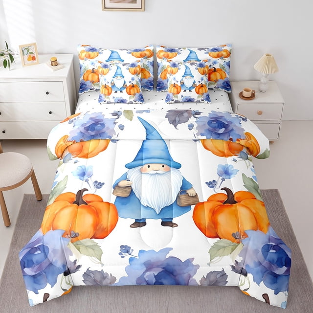 Ensemble de couette scandinave YST Gnome 7 pièces, fleurs d'encre bleue de citrouille de Thanksgiving, reine
