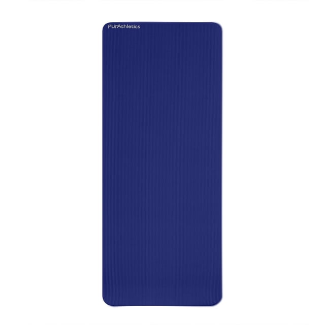 Extra Thick and Long NBR Mat in blue with vertical ribbed texture, made of closed-cell foam NBR/PVC, measuring 1/2 inch thick by 24 inches wide and 72 inches long, featuring the PurAthletics logo, designed to protect the spine during exercise on hard surfaces with stretchable straps for easy rolling and transport.