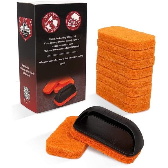 SHINESTAR 11-Piece Griddle Scouring Pad for Blackstone, Flat Top Grill Cleaner for Kitchen, Griddle Cleaning Kit with 10 Grill Scrubber Pads & 1 Handle, Efficient Cleaning & Not Easily Fall Off