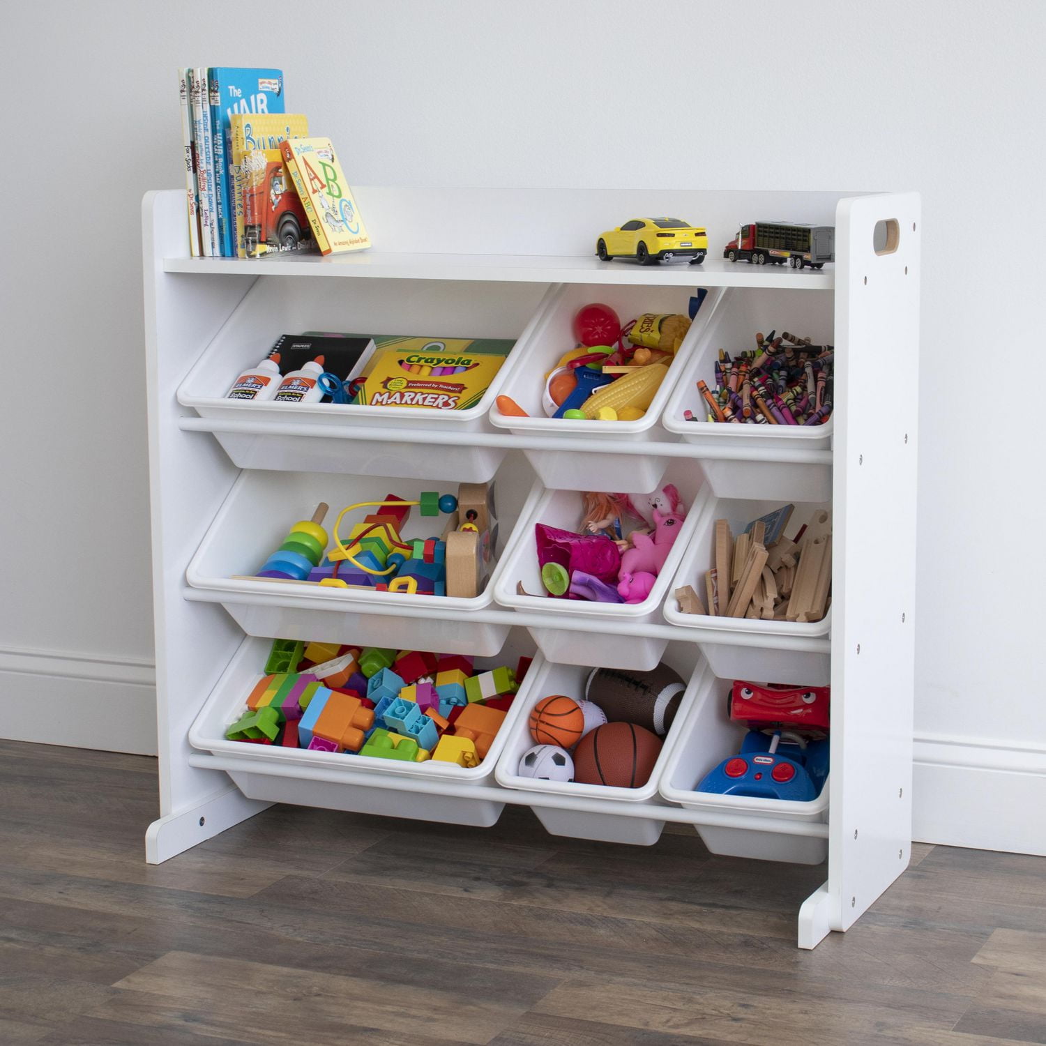 Système de rangement pour jouets avec tablette et 9 bacs de rangement, blanc