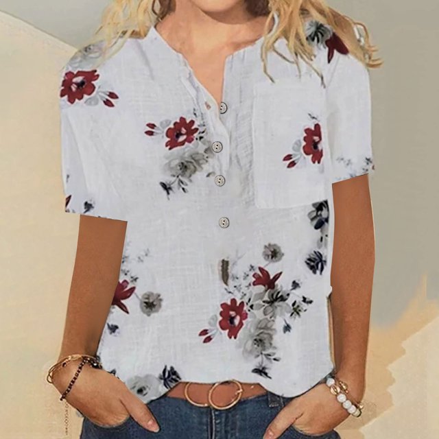 LSLJS T-Shirts pour Femmes Femmes Été Décontracté T-Shirt à Manches Courtes Bouton Col Rond Chandail Blouse Hauts