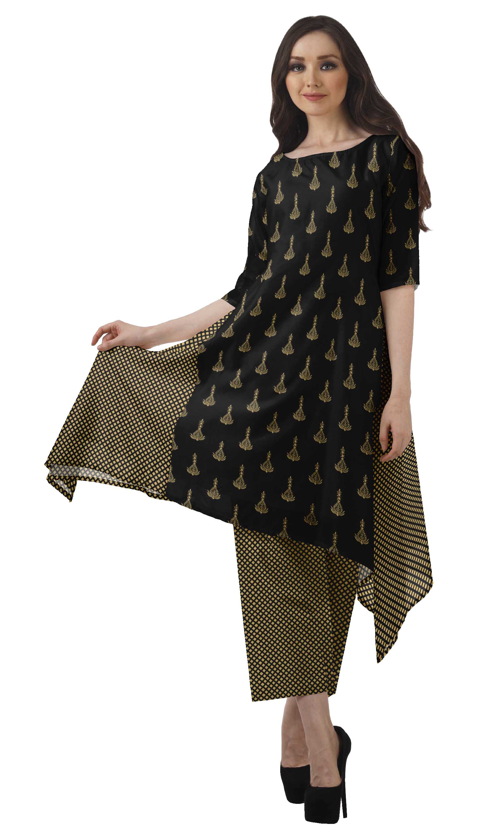 Moomaya Women's Plus Size Printed Asymmetric Kurti Pant Set, Chanderi, 1 Kurti with Pant