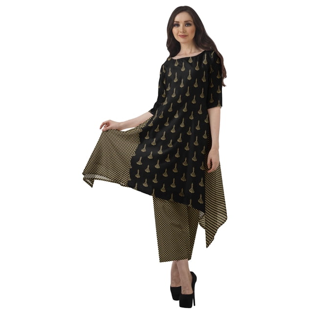 Moomaya Women's Plus Size Printed Asymmetric Kurti Pant Set, Cotton Chanderi, 1 Count