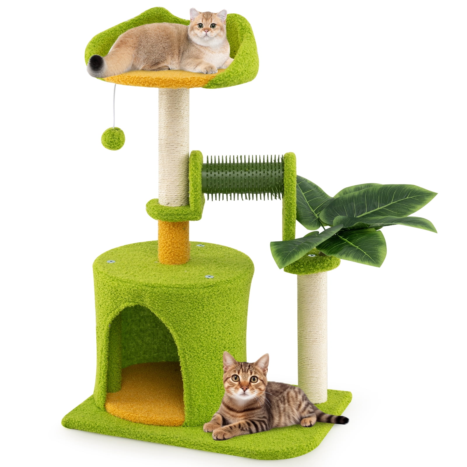 Gymax Cute Palm Cat Tree w/Artificial Leaves Condo Perch Sisal Scratching Posts