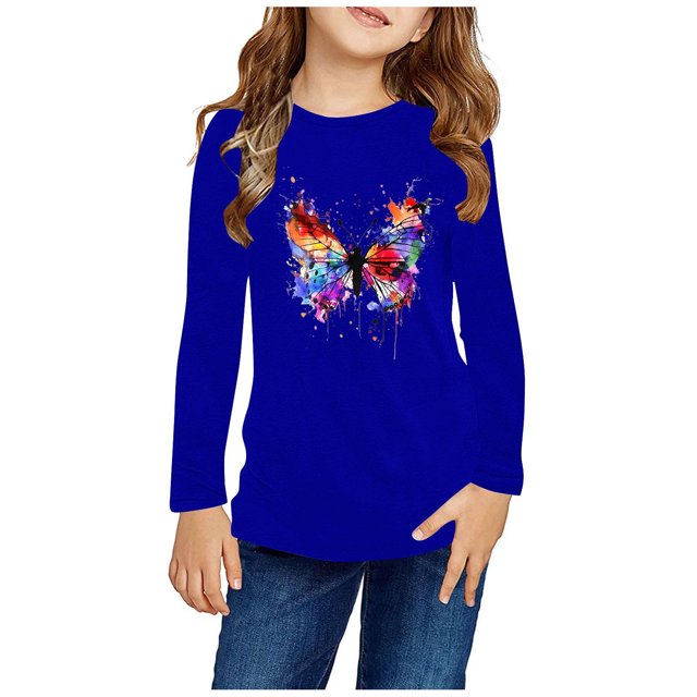 RXIRUCGD Chemises à Manches Longues pour Filles, Col Rond Mignon, Blouses Décontractées Élégantes (Bleu, Taille:9 Ans)