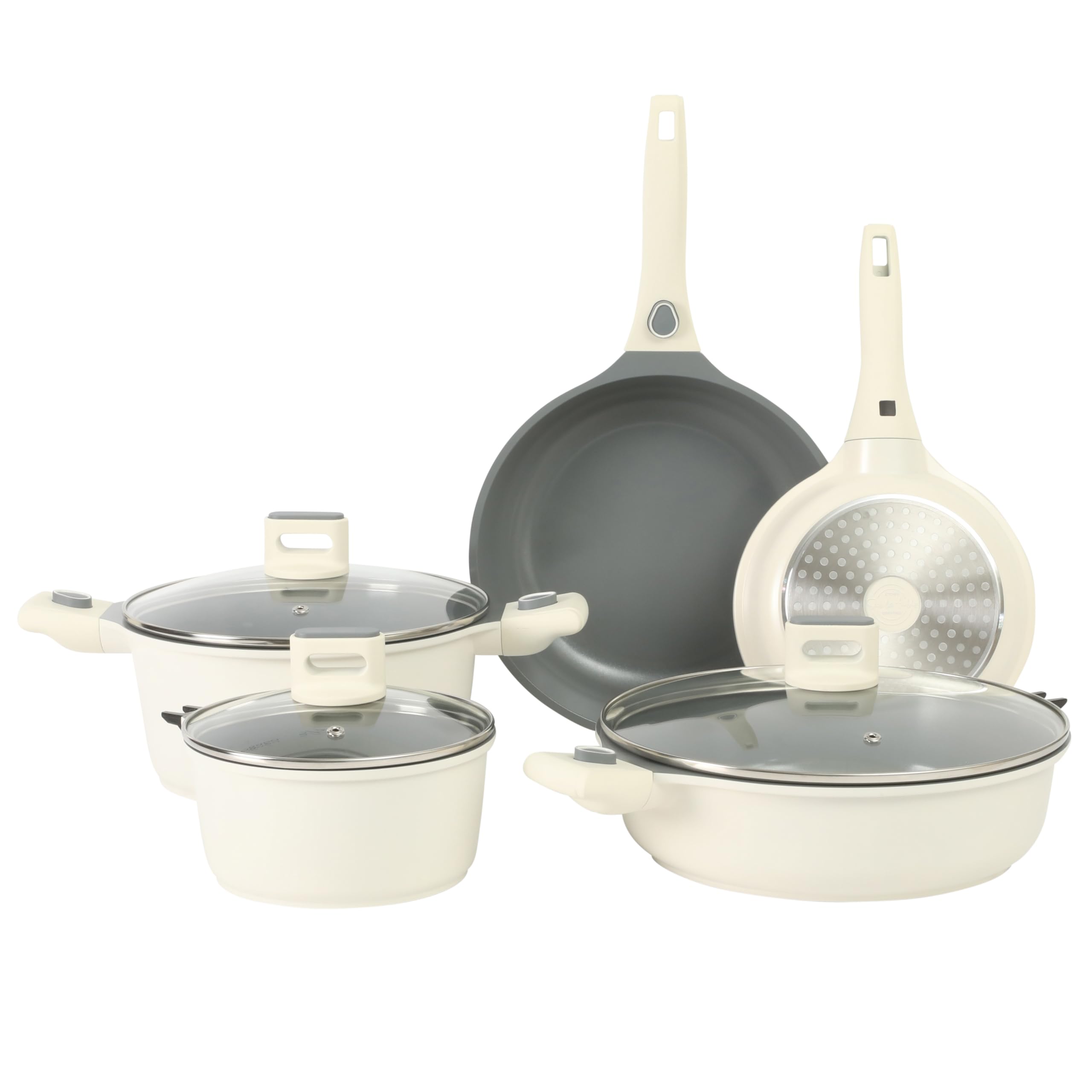 Sur La Table Kitchen Essentials 13 Piece Detachable Handle Pots and Pans Premium PFA Free Premium Ceramic Non Stick Induction Safe and Secure Removable Handle Cookware Set - Eggshell White