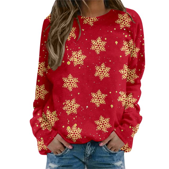 Bmisegm T-Shirt à Manches Longues pour Femmes, Imprimé, Décontracté, Rouge L