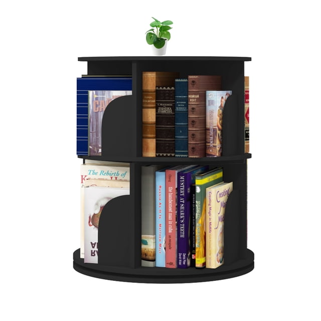TOYTEXX Organiseur d'Étagères Empilables à 2 Niveaux à rotation 360° en Noir, Doté d'Un design compact à Deux Niveaux avec une rotation Fluide à 360° pour un Accès Facile. Fabriqué en Bois d'Ingénierie durable, Il Est Montré Tenant des Livres et une Petite Plante par-Dessus. Idéal pour Ranger des Livres, des Jouets, des Plantes Ou de la Déco dans les Chambres d'Enfants, les Espaces de Vie Ou les Zones d'Étude. le design Empilable et tool-free assembly Permet une Personnalisation pour s'Adapter à Divers Besoins de Rangement.
