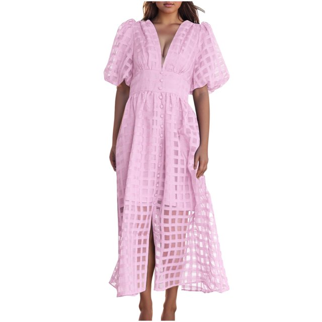 Mikilon Robes d'Été pour Femmes Ensemble Jupe Aguichant Robe à Carreaux à Manches Courtes Lanterne Aguichant à Col en V Profond Robes Gaine Mode Décontractée Taille Haute Unie Robe de Soirée avec Fente Rose G