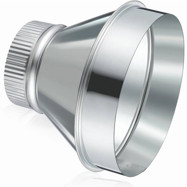 7 Inch to 4 Inch Duct Reducer Increaser Galvanized Steel Air Duct Adapter Round Crimped Pipe for HVAC Ventilation System front-facing centered view of a tapered galvanized steel duct reducer, 7-inch to 4-inch round connector with crimped small end and raised edges, silver metal finish, about 150 mm length, designed for smooth airflow transition in ductwork and often used to adapt ventilation runs or connect portable ventilation equipment during maintenance.