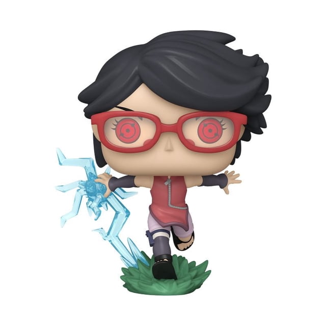 Funko POP Animation: Boruto- Sarada w/Sharingan Figurine en Vinyle Représente Sarada dans une pose de Course Dynamique avec des Yeux Rouges Partageant derrière des Lunettes Rouges, Cheveux Noirs, Portant une Tunique Sans Manches Rouge et des shorts Violets, avec un Effet de Foudre Bleu sur Sa Main Droite, Debout sur une base en Herbe Verte, Environ 4,2 Pouces de Hauteur, Convient aux Collectionneurs de Figurines d'Action et aux fans de Boruto.