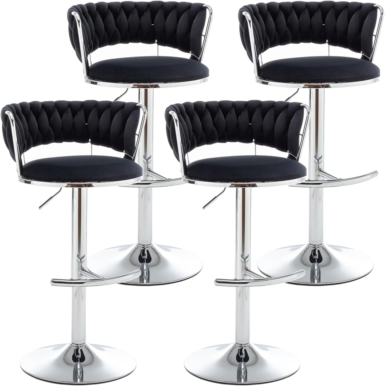 Velvet Bar Stools Set of 4, Counter Height Barstools with Low Back, Swivel Bar Stool for Kitchen Island, Pub (Black)