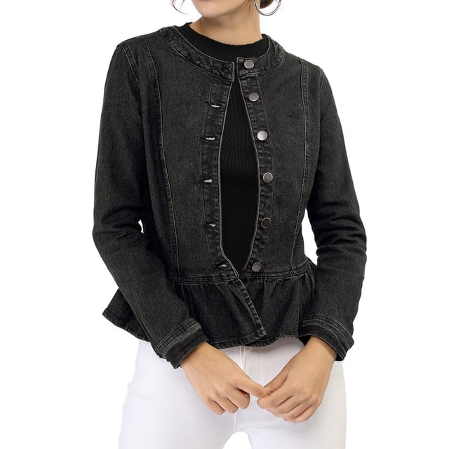 INSPIRE CHIC Women's Round Neck Button Down Ruffled Hem Cropped Washed Denim Jacket Black S