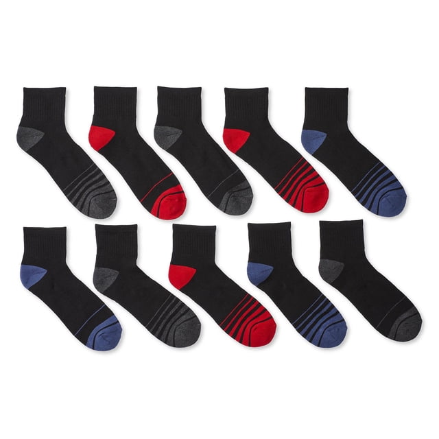 Athletic Works Men's Anklet Socks 10-Pack centered front view of ten ankle-length knit socks in assorted colours stacked together; half-cushion contoured foot, elastic arch support and ribbed cuffs with knit breathable panels, suitable for athletic or everyday wear and often used as an easy spare pair for gym or travel rotations.