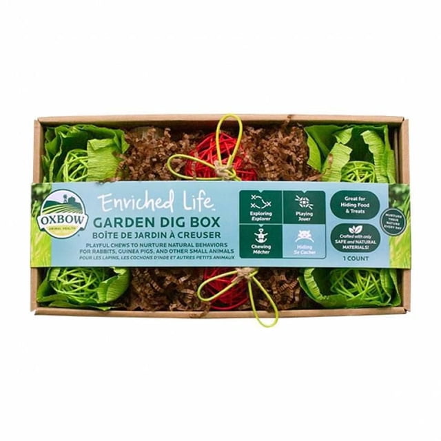 Oxbow Enriched Life Boîte de Creusage de Jardin Jouet dans une Boîte Rectangulaire en Carton avec des Jouets à Mâcher Tissés Verts et Rouges et du Papier Brun Déchiqueté, Fabriqué à Partir de Matériaux 100 % Sûrs et Naturels pour Soutenir les Comportements Naturels des Petits Animaux comme l'Exploration, le Jeu, la Cachette et la Mastication.
