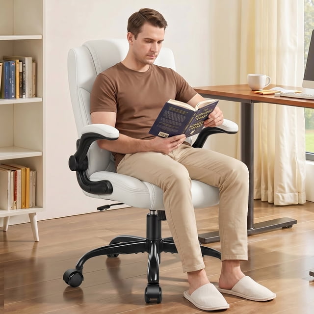 COOLHUT PU Leather Ergonomic Office Chair, Mid Back Home Computer Chair with Flip-up Armrest, Adjustable Height & Back Support, 360° Swivel Gaming Chair with Wheels & Rocking Function, Space Saving