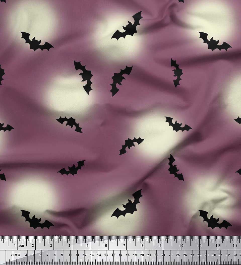 Soimoi Moss Georgette Fabric Moon & Bat Halloween Printed Fabric 1 Yard 42 Inch Wide