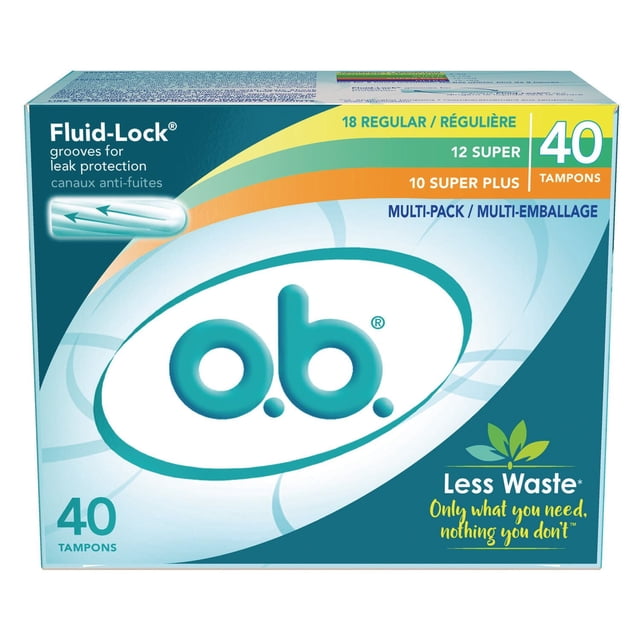 o.b. Original Non-Applicator Tampons Multipack with 40 tampons including 18 Regular, 12 Super, and 10 Super Plus absorbencies, featuring Fluid-Lock grooves for leak protection and designed to reduce waste by eliminating applicators.