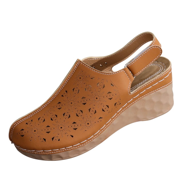 WLOELOEW Brown Platform Sandals For Women Hollow Out Design Adjustable Strap Pu Material Foot Length 9.06 Inches Us Size 5.5
