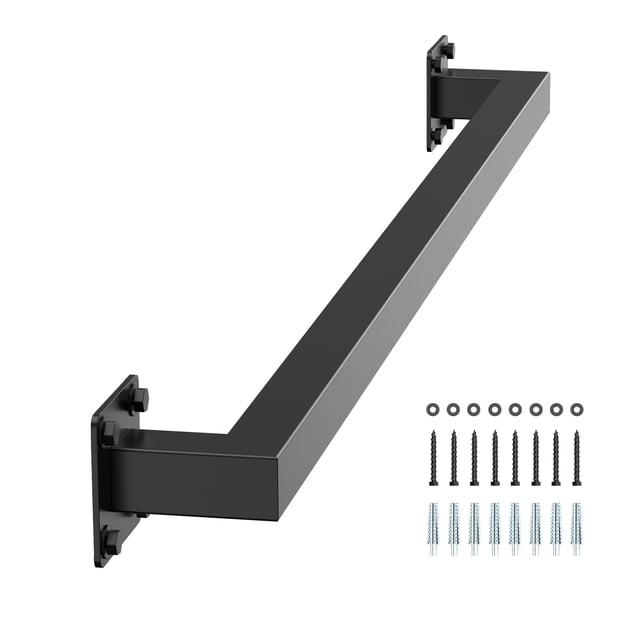 VEVOR 3ft Wall Mounted Stair Handrail in black iron with a square tube design, reinforced carbon steel brackets, and a 250lbs load capacity. Ideal for stair hardware and home improvement projects. Includes installation accessories and tools for easy assembly.