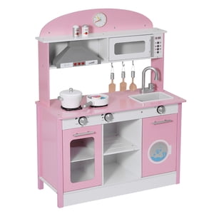 KFFKFF Jouer cuisine pour enfants, en bois, jeu de cuisine pour les enfants avec de vraies lumières & Sons, nourriture & Accessoires de cuisine, Set de jouets de jeu de prestige, Hotte de gamme, Micro-ondes, pour les 3-8 ans, Rose