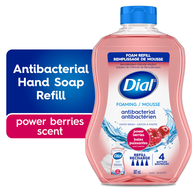 Dial Recharge de Savon Moussant Antibactérien pour les Mains, Parfum Power Berries, Bouteille de 887 ml avec Bouchon Rabattable Bleu, Formule de mousse Moussante Antibactérienne Conçue pour Recharger Quatre Bouteilles de 221 ml, avec des Graphiques de Baies et d'Éclaboussures d'Eau sur l'Étiquette, pH Équilibré et Testé par des Dermatologues.