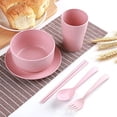 thumbnail image 1 of 6-Piece Reusable Tableware Set, Eco-Friendly Straw Material Heat-Resistant Portable Cutlery, Stackable Bowl Cup Spoon Fork Chopsticks for Home Travel Camping, Pink, 1 of 6