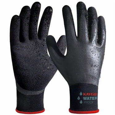 KAYGO Gants de Travail Imperméables pour Hommes et Femmes, Gants de Travail Antidérapants avec Revêtement en Caoutchouc pour Jardin, Construction Extérieure, KG150, Noir, P