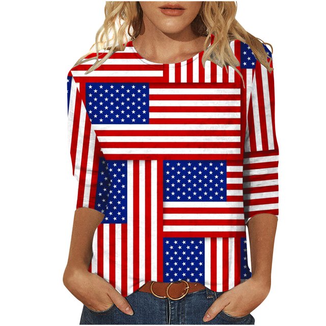 CEHVOM T-shirt Imprimé Mode Femme Jour de l'Indépendance Manches 3/4 Blouse Col Rond Tops Décontractés Liquidation