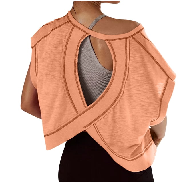 Amzcrzy Hauts pour Femmes Tendance Couleur Unie Hauts de Printemps Été pour Femmes Décontractés Manches Courtes Col Rond T-Shirts Dos Découpé Confortables Hauts de Sortie