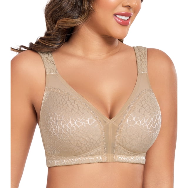 Curyon Women's Minimizer Bra Comfort Non Padded Wireless Full Figure Plus Size Bras, size 46D. This beige wireless bra features full coverage cups with lace detailing, lightweight breathable fabric, and reinforced underband for support and a minimized effect. Designed for plus-size women, it includes wide adjustable cushioned straps to relieve shoulder pressure and a U-back design for added comfort. Suitable for women's wireless bras category.