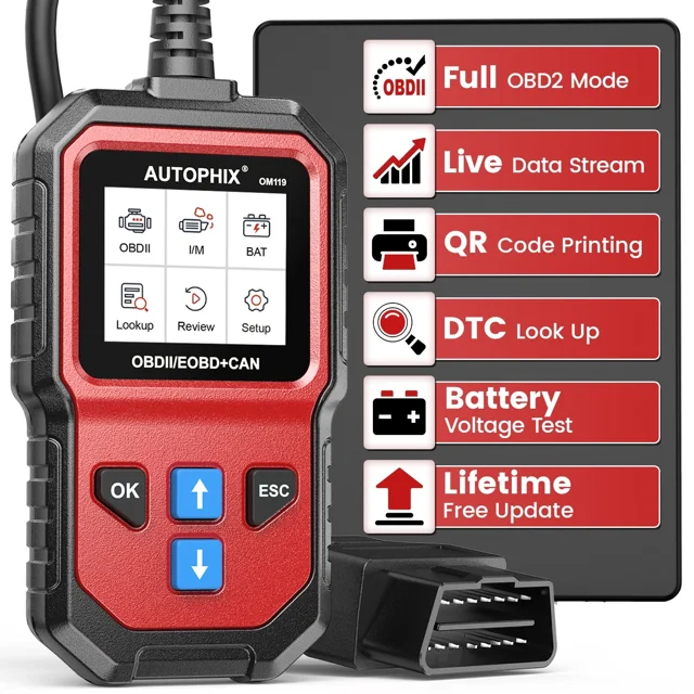 AUTOPHIX OM119 Universal OBD2 Scanner Diagnostic Scan Tool with a red and black design, featuring a colour LCD screen displaying options like OBDII, I/M, and BAT. The tool includes buttons for navigation and functions such as DTC Lookup, live data stream, QR code printing, and battery voltage testing. The accompanying cable and connector are visible, along with a feature list highlighting full OBD2 mode, lifetime free updates, and emissions readiness testing.