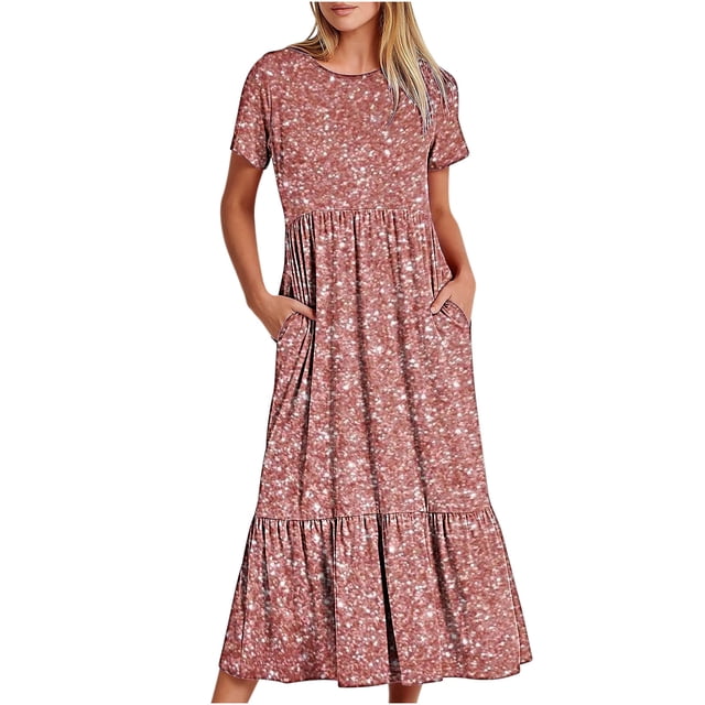 Penkiiy Robe à Manches Courtes pour Femmes, Imprimé Brillant, Ample, Unie, Décontractée, d'Été, Fluide, à Étages, Longue Maxi avec Poches, P Rose
