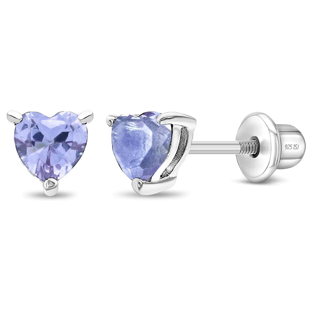 Boucles d'Oreilles Solitaire Cœur en Zircon Cubique Alexandrite Simulée à Vis - Argent Sterling