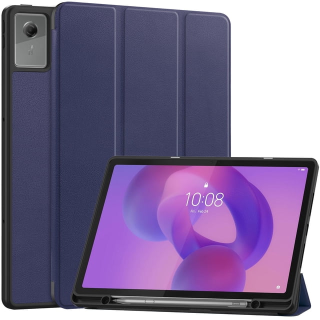 DWaybox Étui pour Lenovo Idea Tab Plus 12,1 Pouces Modèle 2025, Étui de Protection Antichoc avec Béquille, Fente pour Stylet Intégrée et Réveil/sommeil Automatique, Étui Folio Mat en TPU Intelligent - Bleu Foncé