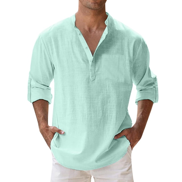 Kcodviy Mens Spring Loose Stand Dragon Button Up Shirt Solid Color Pocket Long one Short Sleeve Pullover Shirt