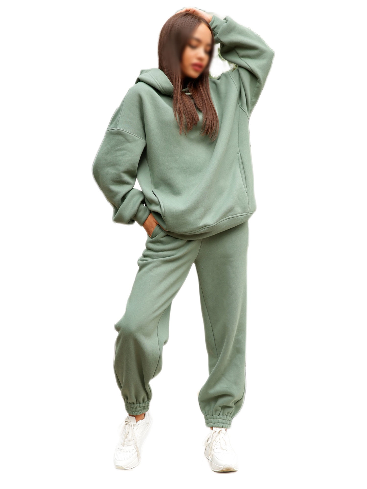 UKAP Ladies Sweatsuits Solid Color Two Piece Outfit Long Sleeve Jogger Set Loungewear Jogging Lounge Sets Green S
