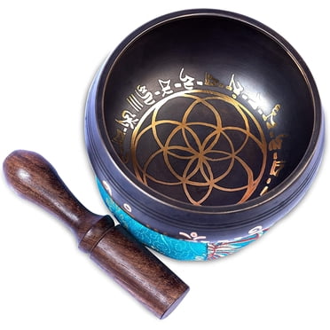 Tibetan Singing Bowl Set - Easy To Play for Beginners - Authentic Handcrafted Mindfulness Meditation Holistic Sound 7 Chakra Healing Gift by Himalayan Bazaar (Black without bag)