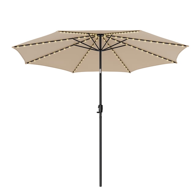 Costway 10 FT 112 LED Solar-Lighted Patio Table Market Umbrella in beige with a crank tilt mechanism. The umbrella features a 10-foot diameter canopy made of durable polyester fabric, providing sun protection and heat insulation. It includes 112 solar-powered LED lights on the ribs, creating a warm ambiance for outdoor settings. The vented top enhances airflow, and the tilt angle can be adjusted up to 30 degrees. The sturdy metal pole has a 1.5-inch diameter, suitable for use with a weighted base (not included). Ideal for patios, gardens, and poolside areas.