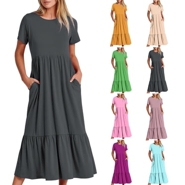 Sentmoon Robe de Travail Grande Taille à Manches Courtes Robe T-Shirt Couleur Unie Ample à Col Rond Robes pour Femmes 2025 avec Poches Été Stylée pour Détente Confortable Vert G