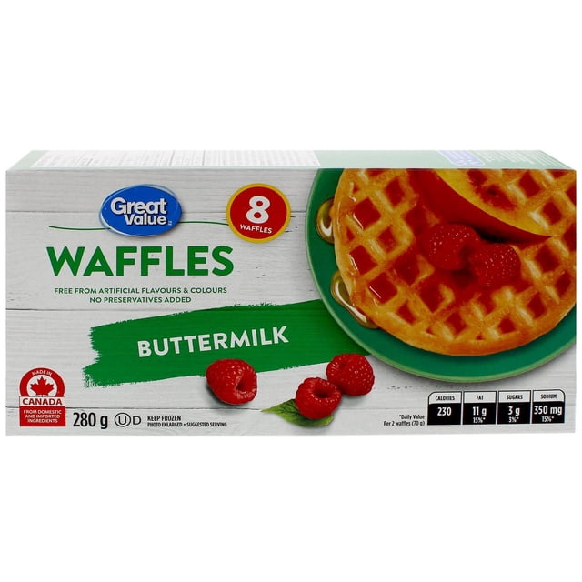Great Value Buttermilk Waffles package with eight frozen waffles weighing 280 g, displayed with a green plate of waffles topped with raspberries and syrup, showing nutrition facts and Canadian origin, ideal for quick toaster preparation as a frozen breakfast option.