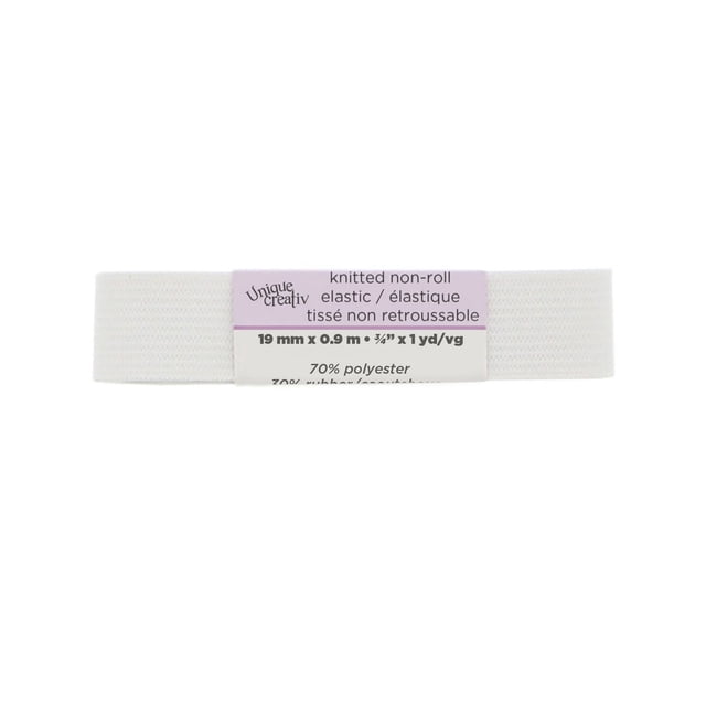 Unique Creativ Tricotés Blancs Élastiques Non Roulés Mesurant 19 mm par 0,9 m, Faits de 70 % polyester et 30 % Caoutchouc avec Nervures Croisées et Longueurs pour Empêcher le Roulis, Convenant à la Couture de Tissus Lourds et à la Déco de la Maison, Souvent Utilisés pour les Doublures Ou la Couture Directe.