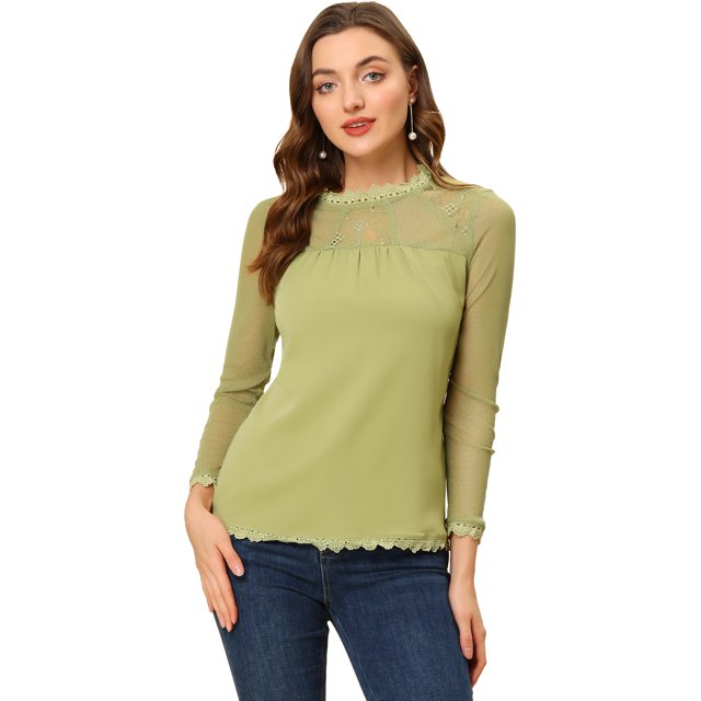 INSPIRE CHIC Blouses Décontractées pour Femmes à Col Rond en Dentelle Florale à Manches Longues en Chiffon Hauts L Vert Pois