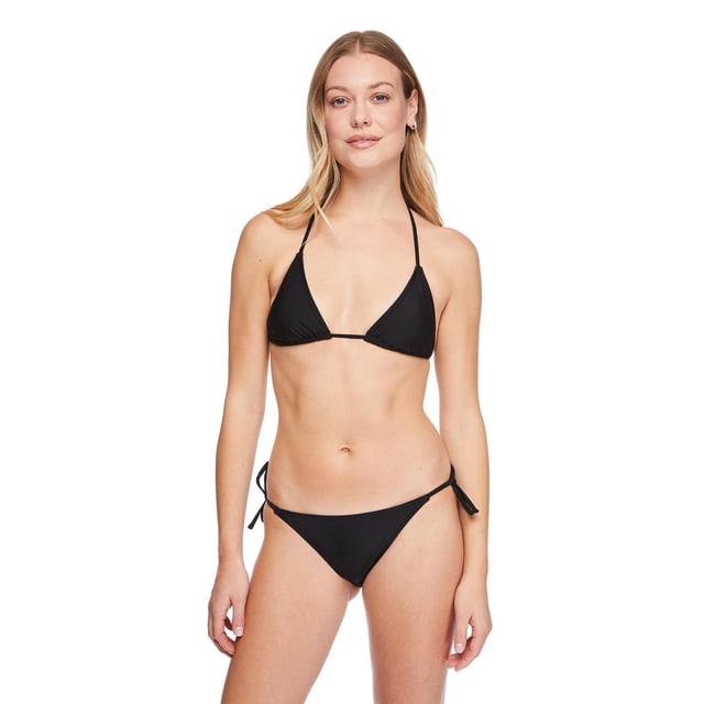 No Boundaries Women's String Bikini Top junior fit front-facing triangle string bikini top in soft tricot knit with adjustable halter neck ties and adjustable body ties, pique jersey lined edges visible on a neutral background; designed for pool or beach wear and often used as lightweight sun-layering under sheer coverups.