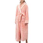 Penkiiy Flannel Bathrobes for Women Womens Solid Bandage Robe Bathrobe Gown Pajamas Long Sleepwear Pocket Waistband+Belts XL Pink
