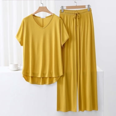 TACILIP Ensembles 2 Pcs pour Femmes Ensembles de Détente d'Été Tenues T-Shirt à Manches Longues à Col en V Hauts Pantalons à Jambes Larges Pyjamas pour Femmes Ensemble
