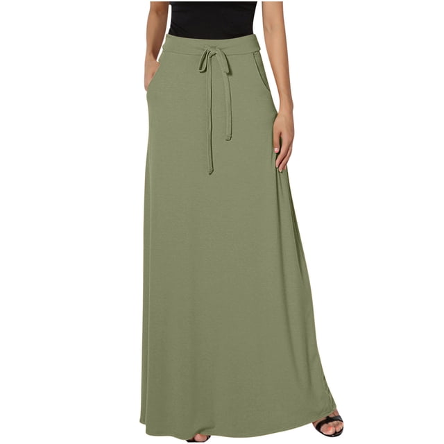 FAIWAD Women's Elastic High Waisted Maxi Skirt Drawstring Loose Casual Basic A-Line Skirts with Pockets