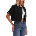 thumbnail image 4 of INSPIRE CHIC Women's Denim Cropped Short Sleeve Button Up Frayed Washed Jean Jacket Black L, 4 of 6