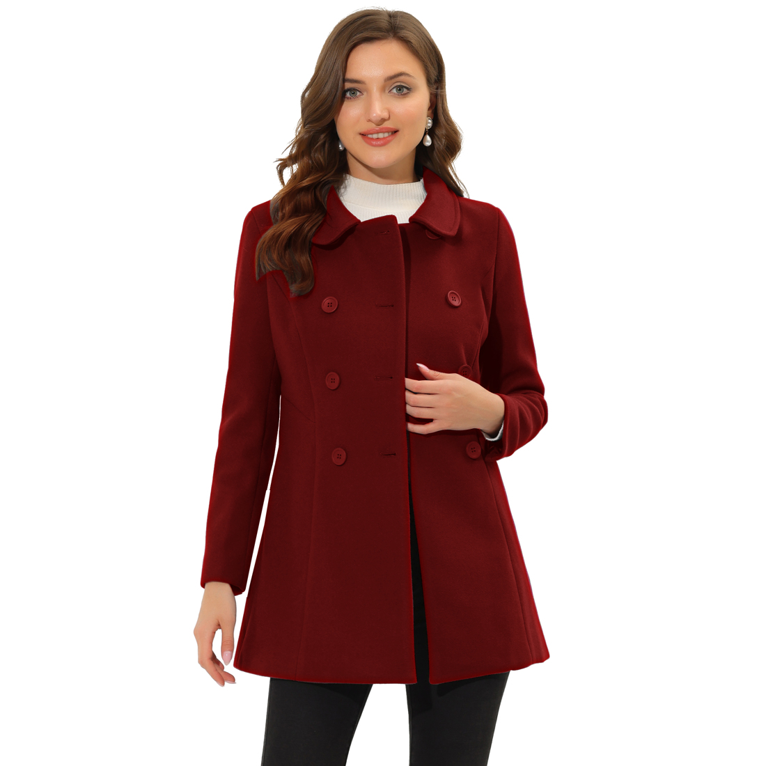 INSPIRE CHIC Manteau Caban Long d'Hiver à Double Boutonnage pour Femme à Col Peter Pan S Rouge Foncé